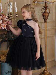 小女孩黑色泡泡袖手工串珠优雅圣诞派对礼服，公主裙，适合女孩生日派对、婚礼花童、舞会、感恩节、毕业典礼等场合 - 黑色 - 查看 6