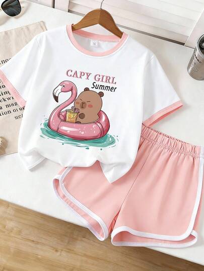 2pcs Girls' Cute Cartoon Summer Print T-Shirt And Shorts Set, Soft & Comfortable Fabric, Spring/Summer