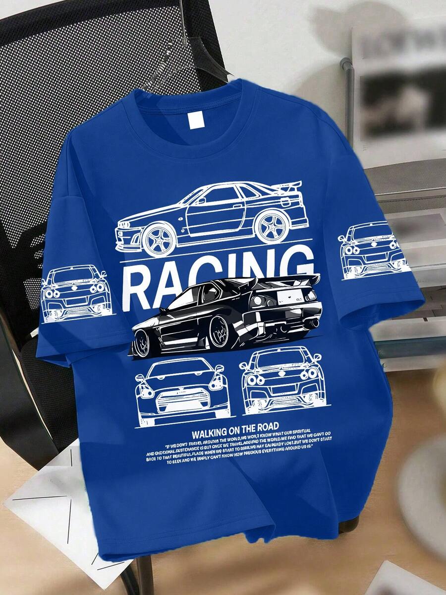1pc Boys' Racing Theme Short Sleeve T-Shirt, Black & White Line Art Graphic Decor, Soft Fabric, Fashionable & Youthful For Spring/Summer - Blue - View 1