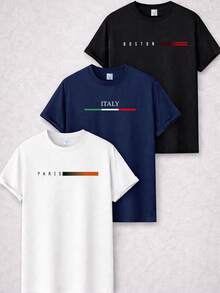 ZUKKER Kit Of 3 Men's Crew Neck T-Shirts, 100% Cotton, Assorted Country Prints, 30.1 Thread Count, Immediate Shipping, Various Colors, Special Offer - 黑色/海軍藍/白色 - 查看 1