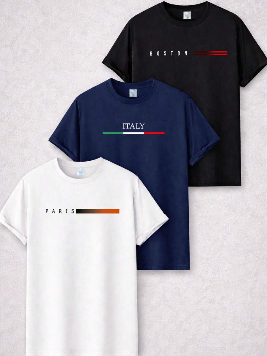 ZUKKER Kit Of 3 Men's Crew Neck T-Shirts, 100% Cotton, Assorted Country Prints, 30.1 Thread Count, Immediate Shipping, Various Colors, Special Offer - 黑色/海軍藍/白色 - 查看 1