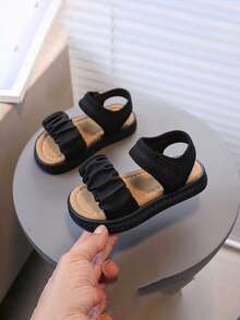 Kids Beige Ruched Strap Sandals Hook And Loop Non-Slip Breathable Summer Casual Shoes 2025 - Black - View 4