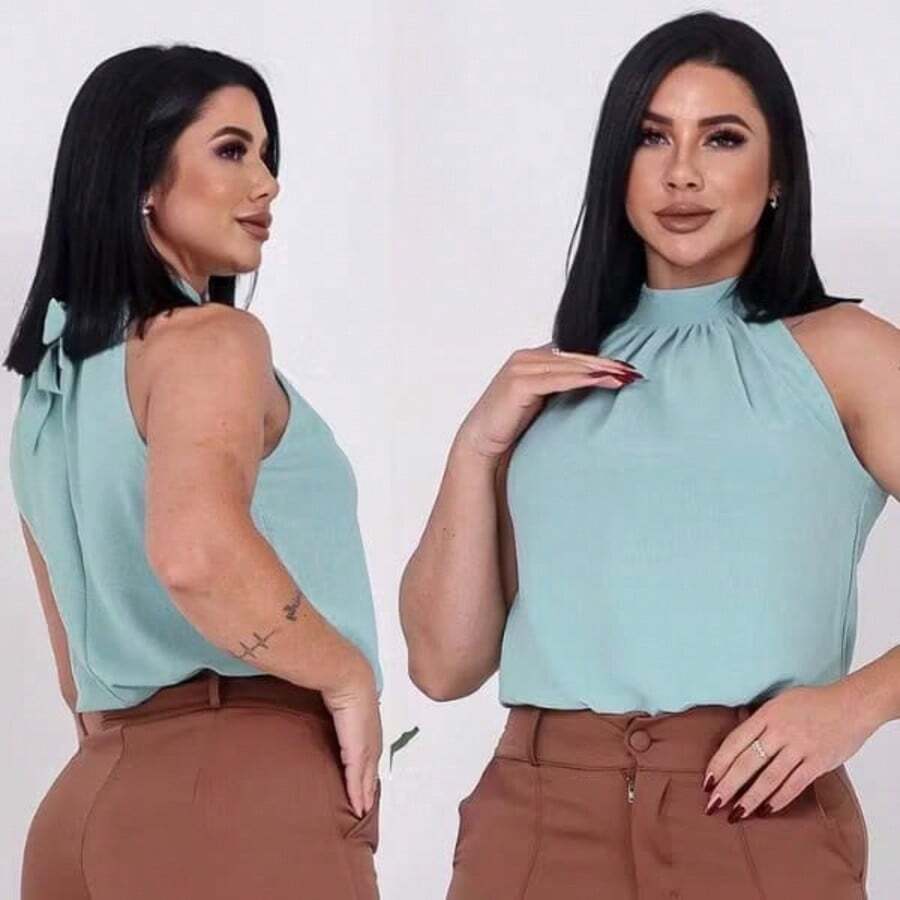 Regata Blusa Gola Alta Franzido Duna - Verde Menta - Visão 1