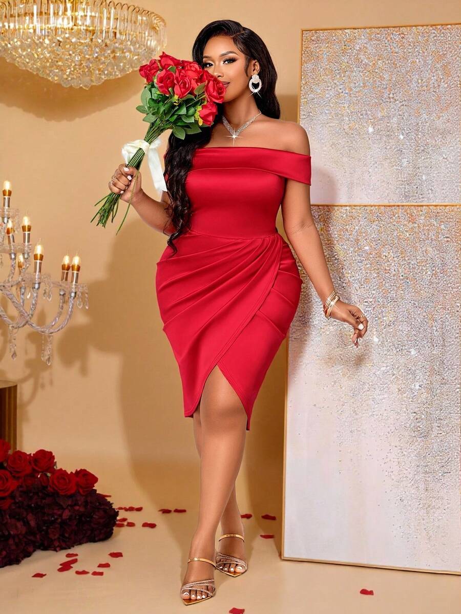 BIUBIU Plus Size Women's Spring/Summer Off-Shoulder Ruffled Bodycon Dress - High-Stretch Red Satin Midi Dress, Versatile, Slimming & Elegant, Ideal For Daily Wear, Parties, Gatherings, Banquets, Valentine's Day And Other Occasions - Red - View 1