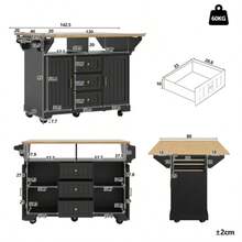 Extendable Double-Side Kitchen Trolley With Casters 120x40(80)X95cm - Kitchen Island Cabinet Sideboard With Towel Rail, Spice Rack, 2 Doors & 3 Drawers (Black/White) - Black - View 6