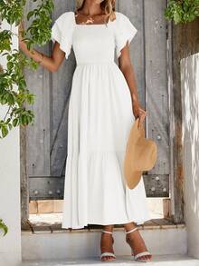 Women's Summer Casual Dresses Square Neck Ruffle Short Sleeve High Waist A-Line Wedding Dresses - trắng - Xem 5