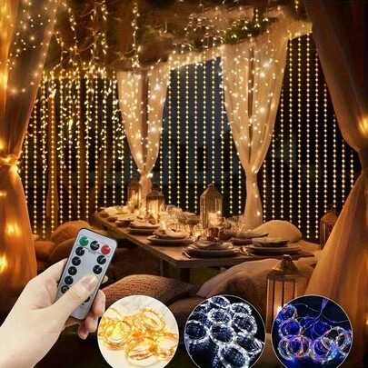 4种颜色灯光选择，节日串灯，婚礼派对装饰灯，生日派对装饰灯，卧室客厅装饰灯，室内外装饰，浪漫氛围房间装饰灯，情人节装饰，家居照明，仙女花环串灯，带8种遥控模式的窗帘串灯，庭院装饰，房间装饰灯，露营装饰灯，圣诞节万圣节装饰灯，花园装饰灯，节日照明装饰灯
