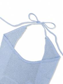 Women's Casual Beach Vacation Elegant Minimalist Sexy Halter Backless Tie Waist Beaded Bodycon Mini Dress, Spring/Summer - Blue - View 9