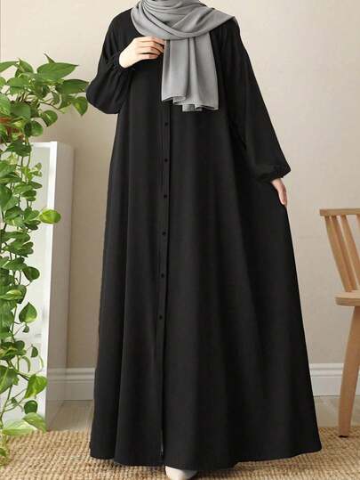 Elegant Arabic Style Solid Color Lantern Sleeve Long Loose Comfortable Abaya