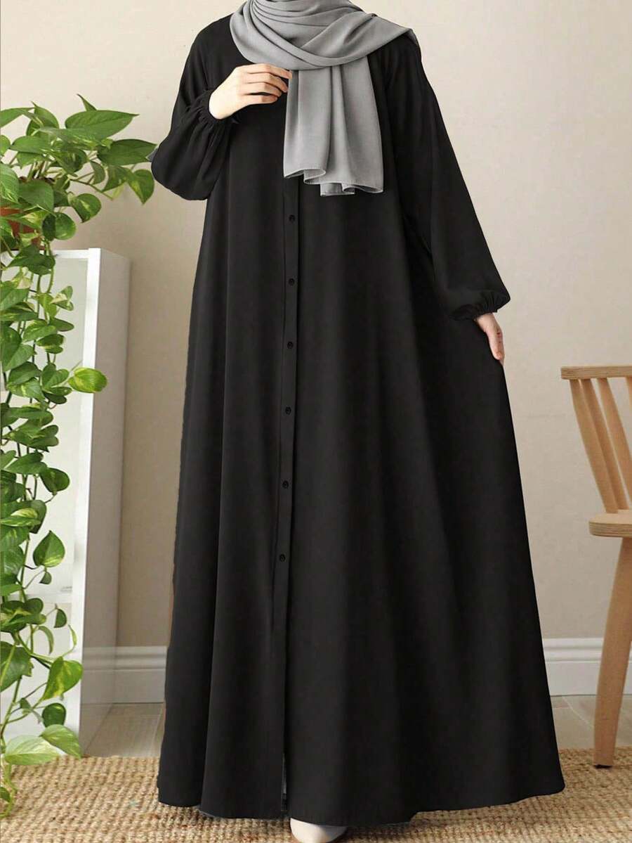 Áo Abaya dài tay phồng màu trơn kiểu Ả Rập thanh lịch, thoải mái, màu đen, dành cho mùa xuân. - màu đen - Xem 1