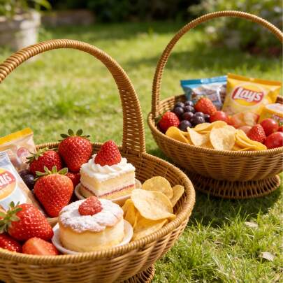2pcs Handwoven Willow Picnic Basket With Handle, Lined Interior Suitable For Daily Storage, Multipurpose Basket Great For Kitchen, Outdoor Activities, Visits, Gifts And Decoration, Sturdy And Space-Saving