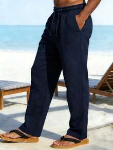 Men's Casual Solid Color Straight Linen Pants, Navy Blue, Suitable For Spring/Autumn/Summer - Navy Blue - View 5
