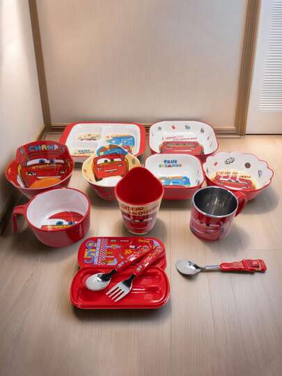  1pc Disney Cartoon Cars Lightning McQueen Tableware Plate, Bowl, Cup, Fork And Spoon, Cute And Fun Tableware, Family Dinner,Coffee Milk Cup, Fruit Salad Spoon And Fork And Plate And Bowl