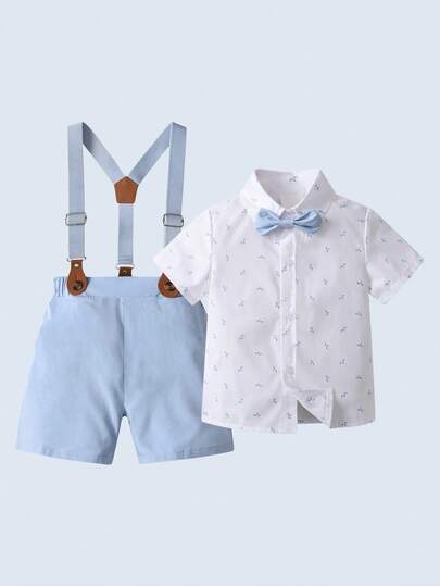 BOARNSEORL 男婴绅士装：带蝴蝶结和背带短裤的短袖衬衫，时尚别致，适合 1 岁生日派对、婚礼和日常穿着