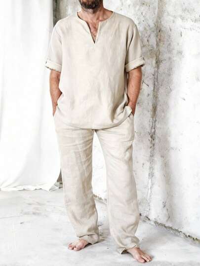 GOLDREDY 男士新款休闲夏季短袖V领褶皱衬衫搭配宽松抽绳长裤，适合外出、度假和旅行