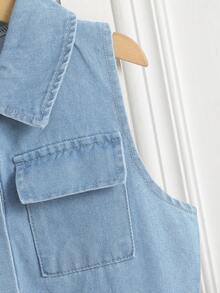 Tween Girls' Light Blue Denim Sleeveless Knee-Length Dress, Casual Sweet Minimalist Style, Summer - Blue - View 3