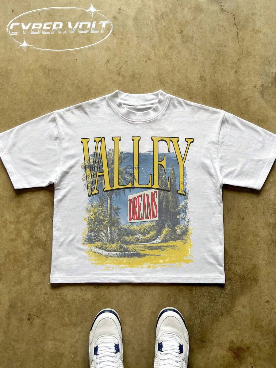 VALLEY Manfinity Y2K Style Print (180g Pure Cotton T-Shirt) Cotton T-Shirt - Soft And Breathable, Green Print 100% Pure Cotton Fabric - Comfortable And Vibrant Summer Streetwear Short-Sleeved T-Shirt, Cool Motorcycle Design, Vintage Summer Men's Everyday Wear T-Shirt - trắng - Xem 1