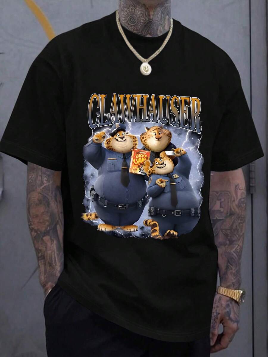 Disney Men's Casual T-Shirt, Zootopia Officer Clawhauser Print, Retro Style, Soft Fabric, Ideal For Movie Enthusiasts - Black - View 1