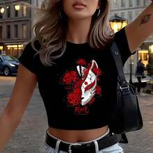 Demon Mask Japanese Art Spider Lily Anime Flower Crop Top T-Shirt Sexy Women's Crop Tops Stylish Belly-Baring Tees Summer Street Style Staples Funny Women's Crop Tops, Summer Women's Clothing, Women's Home T-Shirts, Women's Outdoor Streetwear, Women's Sports T-Shirts, Women's T-Shirts, Women's Party Costumes, Carnival Costumes, Black Summer Casual Short-Sleeve T-Shirts Summer Outfits For Women Women's Tops Tee - 黑色 - 查看 1