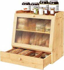 Bread Box, Bamboo Bread Box Storage Container With Drawer, 2-Tier Kitchen Countertop Food Storage Box With Acrylic Door, For Food, Natural - Màu gỗ - Xem 6