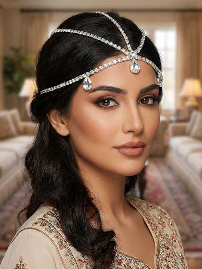 1pc Fashionable Rhinestone Pendant Forehead Chain, Bridal Hair Accessory, Suitable For Wedding, Party, Photography, Gathering