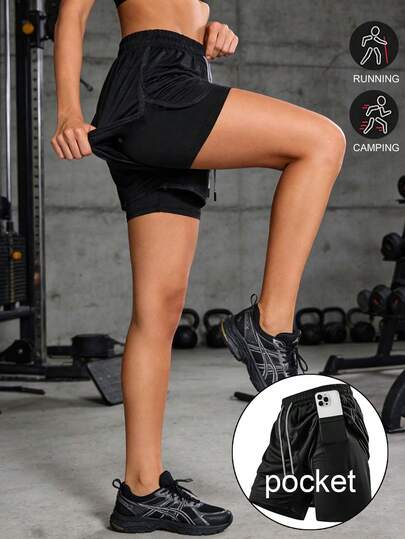 女士二合一速干运动短裤，带抽绳口袋和内衬，适合健身、露营、瑜伽、跑步、徒步旅行