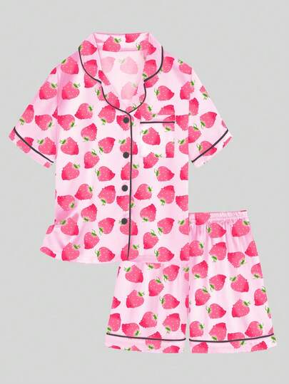 2pcs Tween Girl Strawberry Print Short Sleeve Shorts Pajama Set, Pink