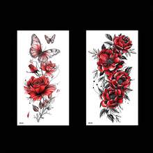 2 Sheets Red Butterfly Rose Flower Temporary Tattoo Stickers, Waterproof Fake Tattoos Cover Scars - Multicolor - View 5
