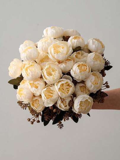 1PC Artificial Oil Painting Cream White Rose Bouquet, Vintage Peony Flower, Seven-Headed Peony, For Home Decoration, Bedroom Living Room Decoration, Wedding Hand Bouquet, Table Center Decoration, Vase Decoration, Photography Prop, Room Decoration, Wall Decoration, Wedding Decoration, Wedding Background Decoration, Outdoor Garden Courtyard Decoration, Spring And Summer Decoration, Gift