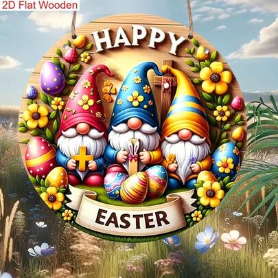 1pc Vintage Easter Gnome Wooden Sign | 8.0" X 8.0" Round Wall Hanging Decor Plaque, Faux Wood, Multipurpose Home & Porch Decoration, Farmhouse Style, No Electricity Required