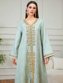 Elegant Long Embroidered Kaftan Dress With Golden Beads, Suitable For Eid, Daily Wear, Dates, Parties, Long Sleeve Robe - Mint Green - View 3