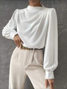Long-Sleeved Shirt With Asymmetrical Collar, Layered Design, Lantern Sleeves, Casual Elegant Formal For Office Wear, Women's Autumn Knit Button-Down Shirt. - 白色 - 查看 1
