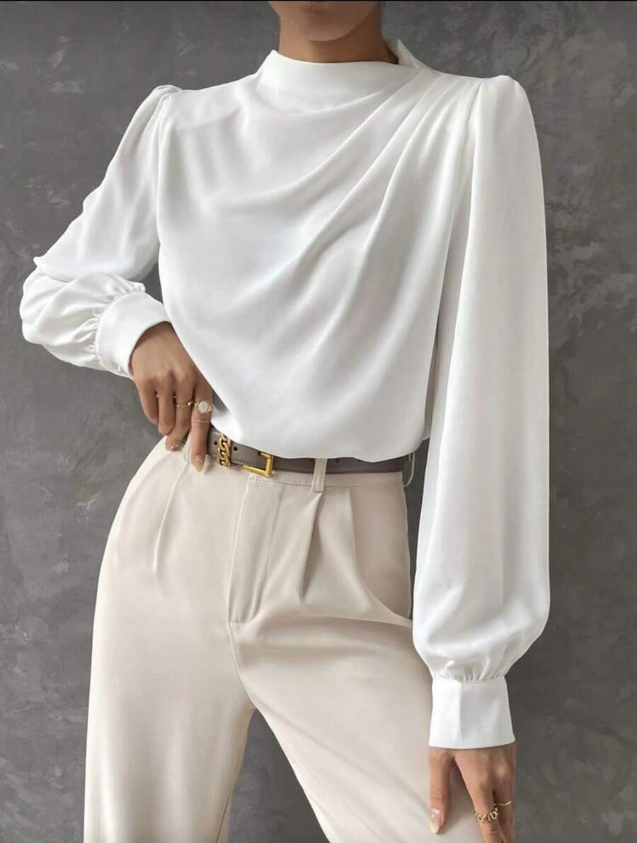 Long-Sleeved Shirt With Asymmetrical Collar, Layered Design, Lantern Sleeves, Casual Elegant Formal For Office Wear, Women's Autumn Knit Button-Down Shirt. - 白色 - 查看 1