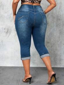 Women's Plus Size Capri Skinny Jeans Fashion High Stretch Washed Denim Shorts Distressed Design Three Button Closure - Blue - View 2