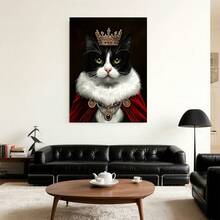 Con marco 1 Pieza de Arte en Lienzo Enmarcado - Elegante Gato Tuxedo Blanco y con Corona y Bata Roja, Retrato Real del Mascota - Decoración Perfecta para Sala o Estudio - Regalo Ideal para Amantes de los Gatos - Impresión en Lienzo - Decoración Interior, Plano 2D, Ideal para Habitaciones - Enmarcado - Ver 3