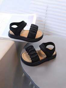 Kids Beige Ruched Strap Sandals Hook And Loop Non-Slip Breathable Summer Casual Shoes 2025 - Black - View 3