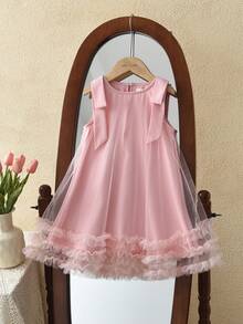 bearleader 2-7 Years Old Girls' Summer Birthday Princess Dress, Detachable Bow, Sleeveless Tulle Wedding Party Dress, Sweet Teenage Outfit - Pink - View 1