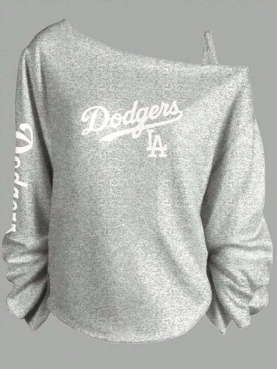 Dodgers LA Baseball Team Off - The - Shoulder Long - Sleeve Sweatshirt, Stylized 'Dodgers' Cursive Text & 'LA' Logo, Wrist - Gathered Loose Casual Top With Right Strap Detail, Gray Background Plain Style2026 - Grey - View 1