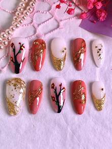 10片装女士美甲按压式假指甲，手工制作，情人节粉色梅花金箔亚克力材质，可重复使用，佩戴舒适，易于粘贴和卸除，包含美甲饰品和美甲贴纸。 - 彩色 - 查看 3