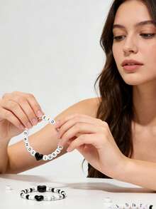 100/200/300/500pcs Black & White Acrylic Letter Beads Jewelry Making Kit, Bohemian Style DIY Bracelets, Necklaces, Keychains With Letter Charms, DIY Craft Supplies - Mixed Hollow Letter Beads With Game & Friendship Themes - Black and White - View 4