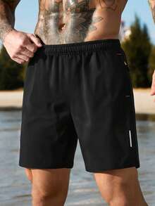 Quần short thể thao nam nhanh khô, quần chạy bộ cạp chun có túi khóa kéo và sọc phản quang, quần short tập luyện mùa hè thường ngày. - màu đen - Xem 9