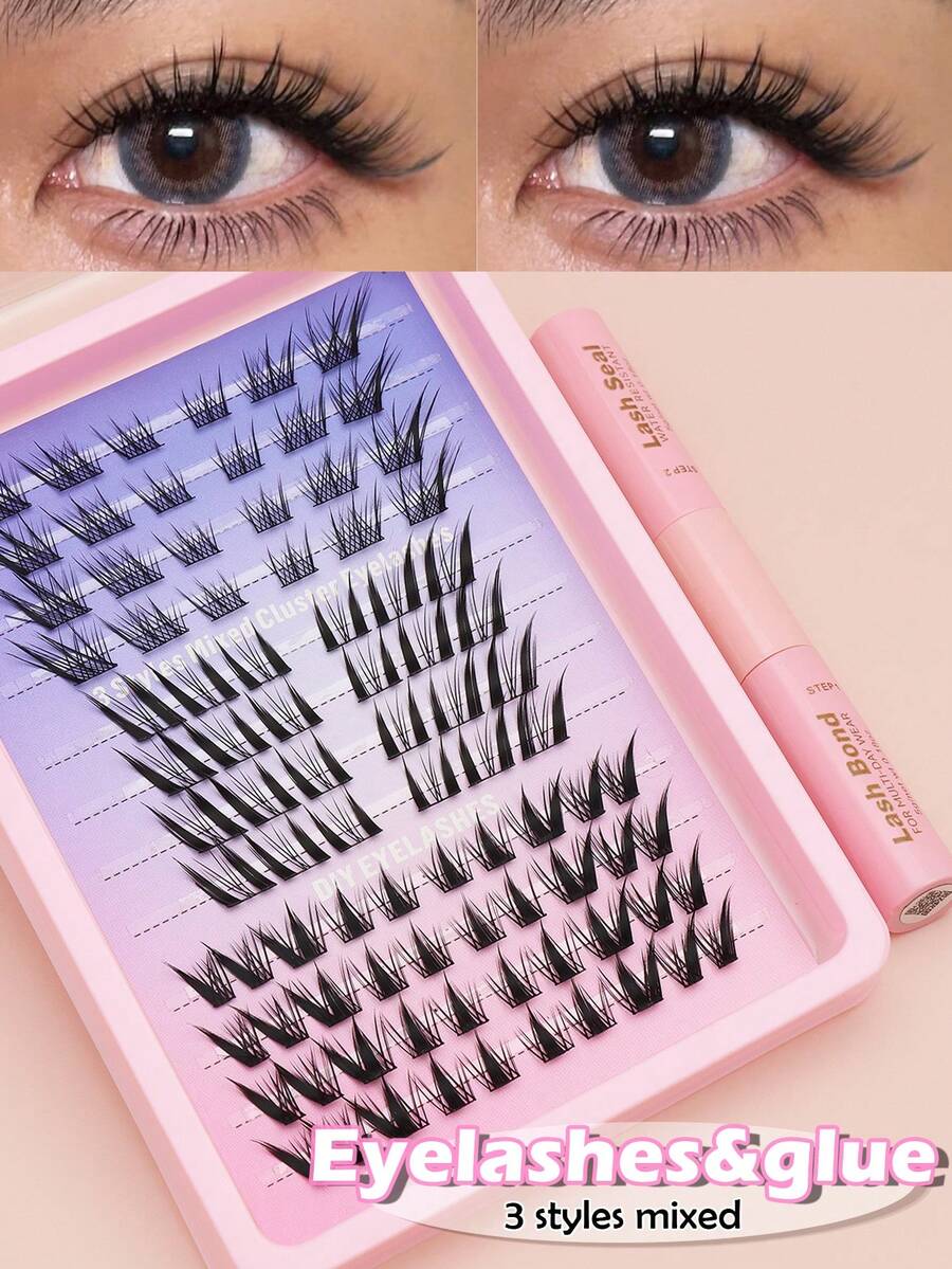 Ayrmilla 3-In-1 Curl Lash Set, Includes Clustered Lashes, Eyelash Glue, And Winged Lash Extensions, Suitable For Travel, Daily Wear, Weddings, Parties, Holidays, Christmas/Halloween Gifts - Black - View 1
