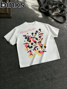 Disney Binks Mickey Mouse Retro Cartoon Printed Short Sleeved T-Shirt, High Street  Brand Loose Short Sleeved T-Shirt. Spring And Summer Fashionable Versatile Tops, Holiday Gifts, Vintage Prints. - trắng - Xem 1