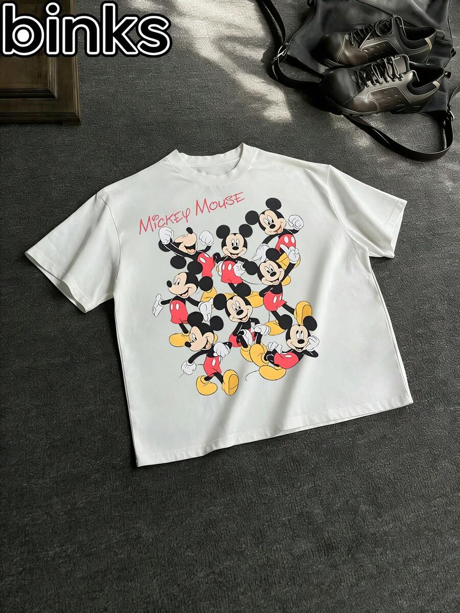 Disney Binks Mickey Mouse Retro Cartoon Printed Short Sleeved T-Shirt, High Street Brand Loose Short Sleeved T-Shirt. Spring And Summer Fashionable Versatile Tops, Holiday Gifts, Vintage Prints. - trắng - Xem 1
