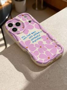 1pc Refreshing Floral & Positive Slogan Pattern Cream Asymmetrical Wavy Edge Unique Soft Phone Case Compatible With IPhone 11/12/13/14/15/16/17 Pro Max - Multicolor - View 4
