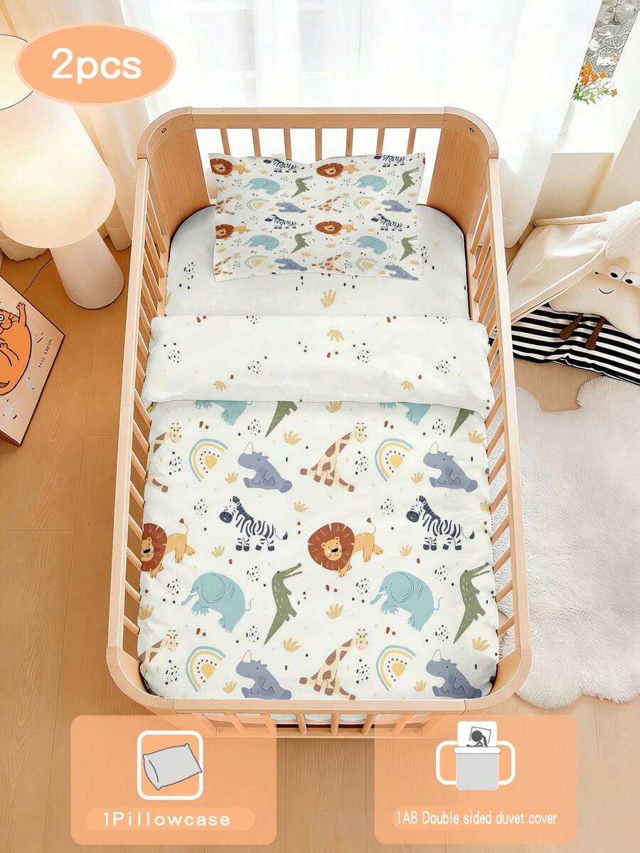 Bộ đồ dùng giường ngủ cho bé họa tiết động vật, làm từ chất liệu polyester in kỹ thuật số, phù hợp cho cả bé trai và bé gái, có thể dùng để trang trí phòng ngủ, làm quà tặng và đồ dùng trong các dịp lễ. Bao gồm 1 vỏ chăn hai mặt và 1 vỏ gối một mặt. - Nhiều màu - Xem 1