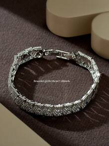 1pc Luxury Bracelet, 18K White Gold Plated With Cubic Zirconia Diamond & Bow Decor Chain, Suitable For Women's Party Wear - Silver - View 6