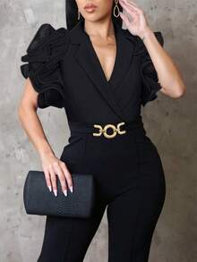 ChicMe Women Plain Deep V Neck Short Flutter Sleeve Jumpsuits Metal O Ring Decor Casual Flared Overalls For Office Evening Cocktail Party Summer Elegant - Black - View 4