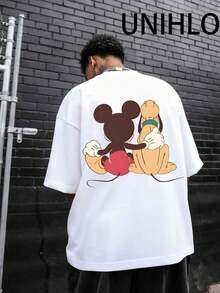 Disney UNIHLO  Street Life Men's Casual Loose   Mickey    Cartoon  Print Short Sleeve T-ShirtSummer - White - View 2