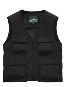 Men's Casual, Fishing, Travel, Outdoor Multi-Pocket Vest Jacket, Suitable For Spring, Summer, Autumn And Winter. Versatile Outdoor Multi-Pocket Vest, Black, Large Capacity, Front And Back Zipper Pockets, Suitable For Outdoor Enthusiasts, Photographers, Camping - Black - View 3